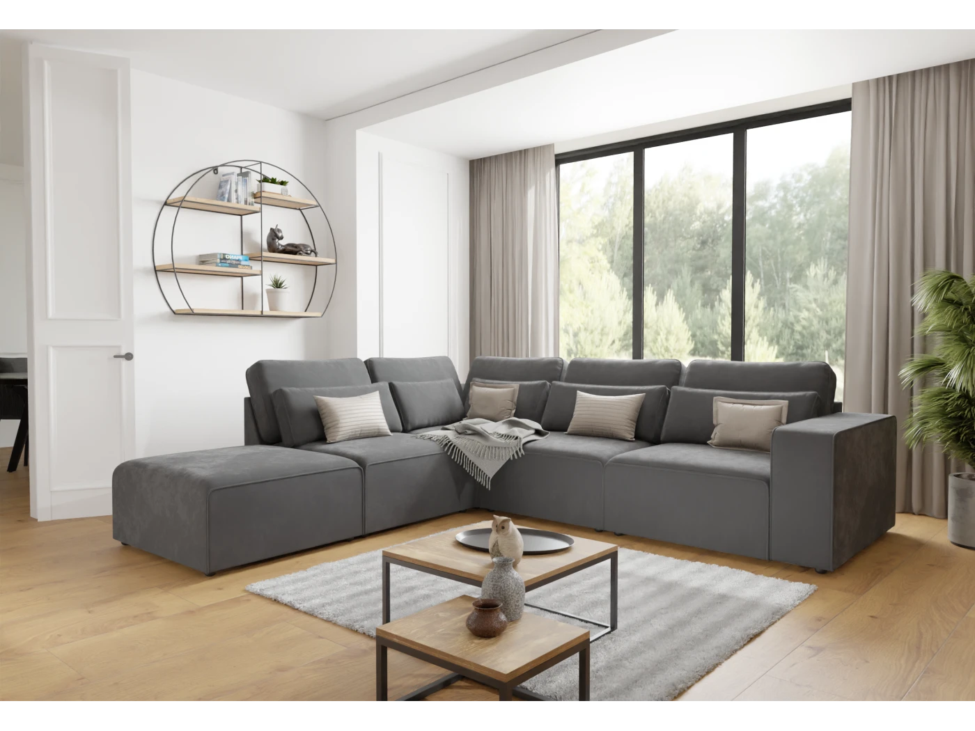 Norbert - Modulare Ecksofa in Samt-Stoff mit Rücken und Lendenkissen