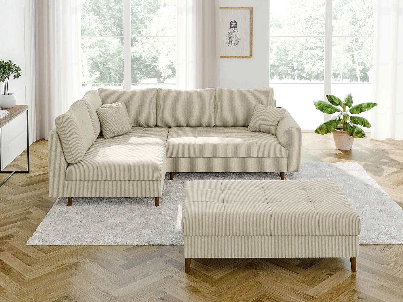 Maya - Ecksofa mit Schlaffunktion und Hocker mit Braun Holzfüßen im skandinavischen Stil aus Cord-Stoff