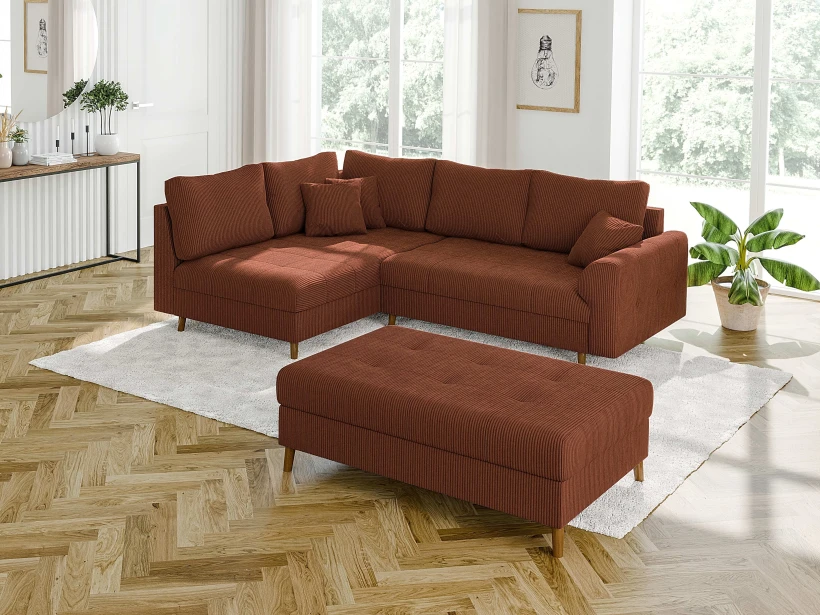 Maya - Ecksofa mit Schlaffunktion und Hocker mit Braun Holzfüßen im skandinavischen Stil aus Cord-Stoff