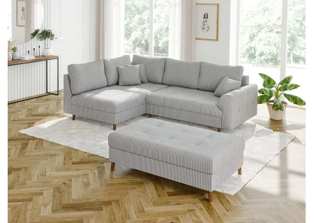 Maya - Ecksofa mit Schlaffunktion und Hocker mit Braun Holzfüßen im skandinavischen Stil aus Cord-Stoff