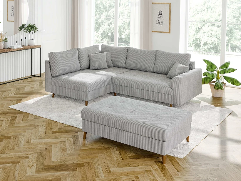 Maya - Ecksofa mit Schlaffunktion und Hocker mit Braun Holzfüßen im skandinavischen Stil aus Cord-Stoff