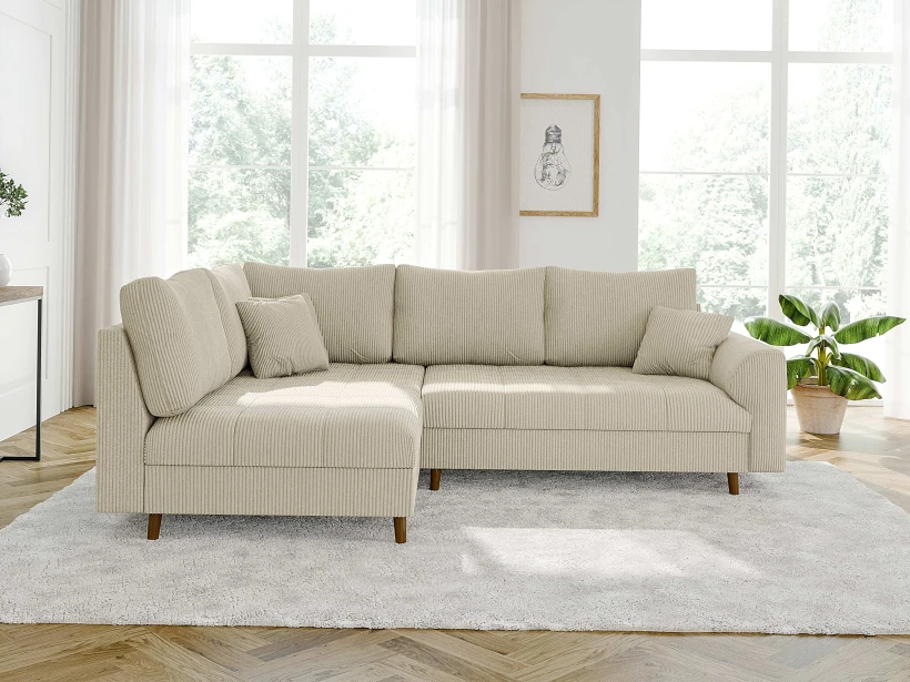 Maya - Ecksofa mit Braun Holzfüßen im skandinavischen Stil aus Cord-Stoff