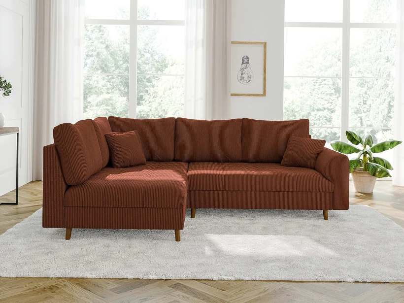 Maya - Ecksofa mit Braun Holzfüßen im skandinavischen Stil aus Cord-Stoff