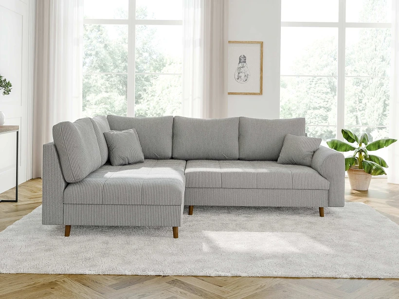 Maya - Ecksofa mit Braun Holzfüßen im skandinavischen Stil aus Cord-Stoff