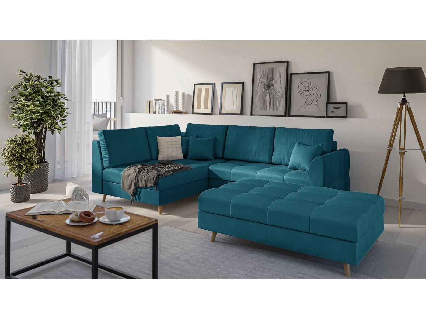 Charlotte Ecksofa und Fußhocker mit Holzfüßen im skandinavischen Stil