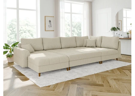 Maya - Wohnlandschaft mit Schlaffunktion und Hocker mit Braun Holzfüßen im skandinavischen Stil aus Cord-Stoff