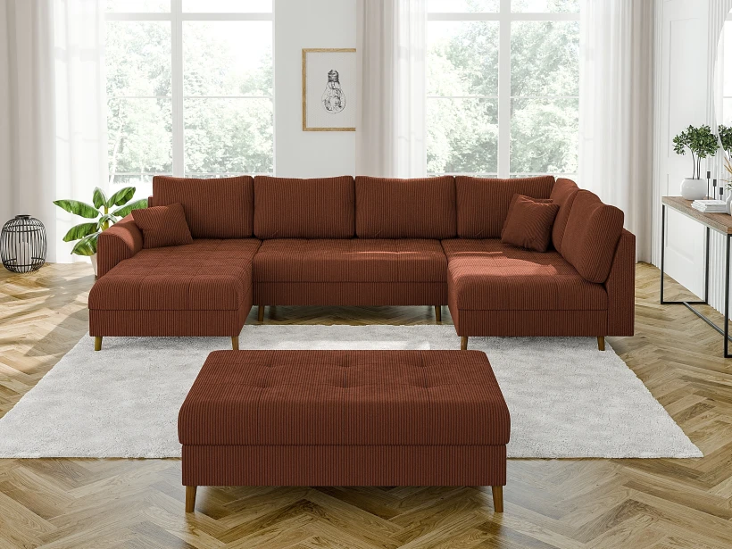 Maya - Wohnlandschaft mit Schlaffunktion und Hocker mit Braun Holzfüßen im skandinavischen Stil aus Cord-Stoff