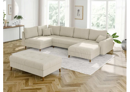 Maya - Wohnlandschaft mit Schlaffunktion und Hocker mit Braun Holzfüßen im skandinavischen Stil aus Cord-Stoff