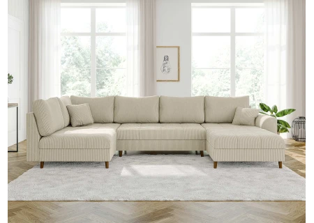 Maya - Wohnlandschaft mit Schlaffunktion und Hocker mit Braun Holzfüßen im skandinavischen Stil aus Cord-Stoff