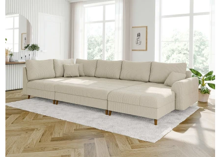 Maya - Wohnlandschaft mit Schlaffunktion und Hocker mit Braun Holzfüßen im skandinavischen Stil aus Cord-Stoff