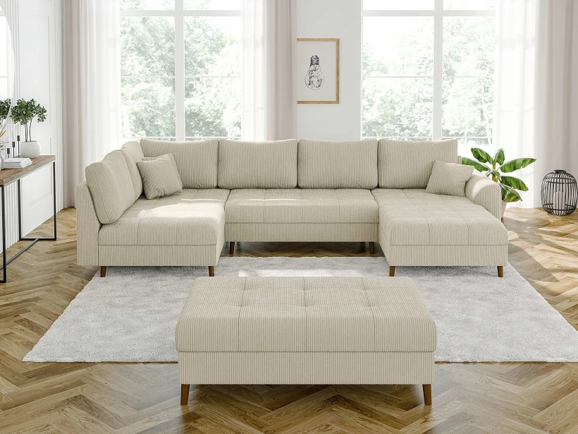 Maya - Wohnlandschaft mit Schlaffunktion und Hocker mit Braun Holzfüßen im skandinavischen Stil aus Cord-Stoff