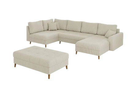 Maya - Wohnlandschaft mit Schlaffunktion und Hocker mit Braun Holzfüßen im skandinavischen Stil aus Cord-Stoff