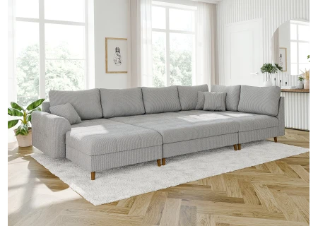Maya - Wohnlandschaft mit Schlaffunktion und Hocker mit Braun Holzfüßen im skandinavischen Stil aus Cord-Stoff