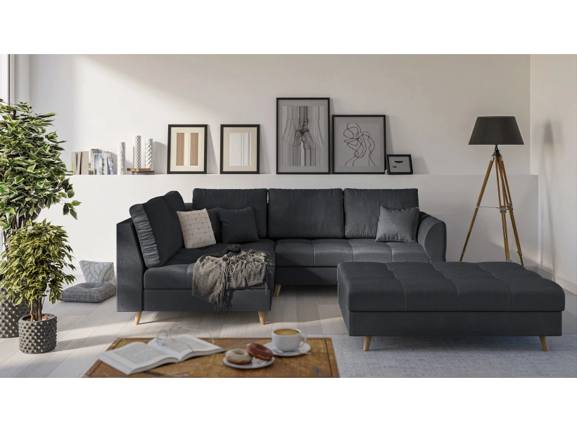 Charlotte Ecksofa und Fußhocker mit Holzfüßen im skandinavischen Stil