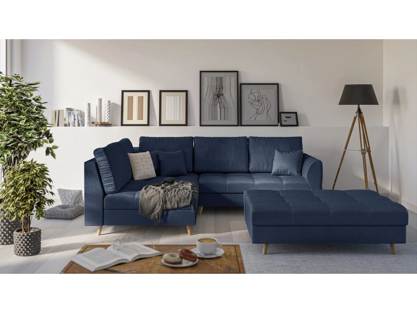 Charlotte Ecksofa und Fußhocker mit Holzfüßen im skandinavischen Stil