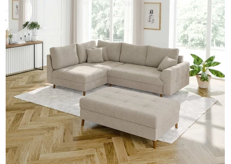 Lars - Ecksofa mit Schlaffunktion und Hocker mit Braun Holzfüßen im skandinavischen Stil aus Boucle-Stoff