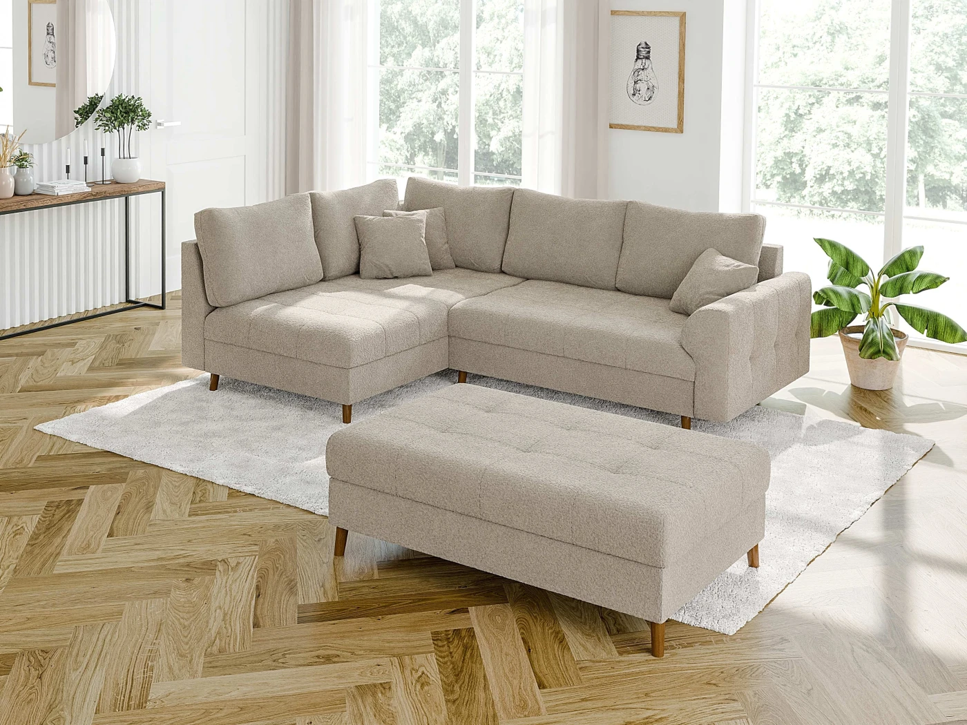 Lars - Ecksofa mit Schlaffunktion und Hocker mit Braun Holzfüßen im skandinavischen Stil aus Boucle-Stoff