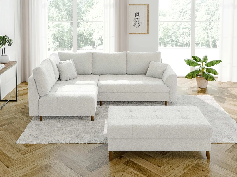 Lars - Ecksofa mit Schlaffunktion und Hocker mit Braun Holzfüßen im skandinavischen Stil aus Boucle-Stoff