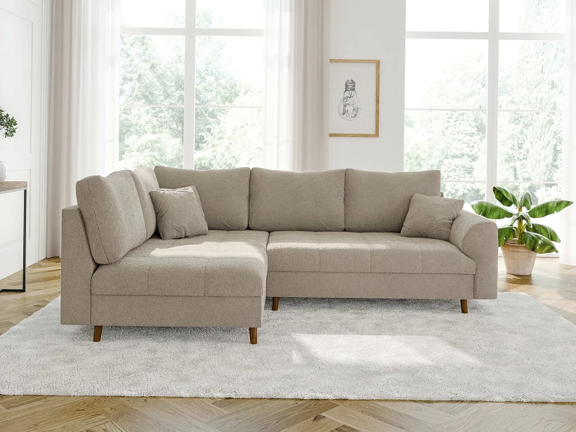 Lars - Ecksofa mit Braun Holzfüßen im skandinavischen Stil aus Boucle-Stoff