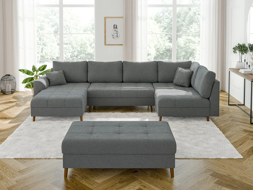 Lars - Wohnlandschaft mit Schlaffunktion und Hocker mit Braun Holzfüßen im skandinavischen Stil aus Boucle-Stoff