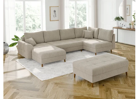 Lars - Wohnlandschaft mit Schlaffunktion und Hocker mit Braun Holzfüßen im skandinavischen Stil aus Boucle-Stoff