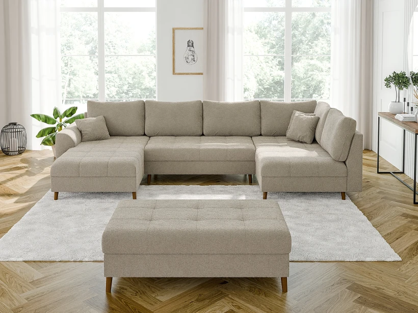 Lars - Wohnlandschaft mit Schlaffunktion und Hocker mit Braun Holzfüßen im skandinavischen Stil aus Boucle-Stoff