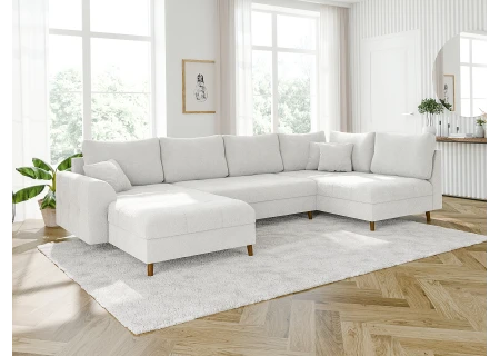 Lars - Wohnlandschaft mit Schlaffunktion und Hocker mit Braun Holzfüßen im skandinavischen Stil aus Boucle-Stoff