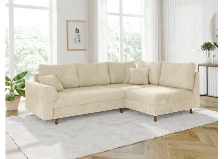 Trygve - Ecksofa mit Schlaffunktion und Hocker mit Braun Holzfüßen im skandinavischen Stil aus Chenille-Stoff