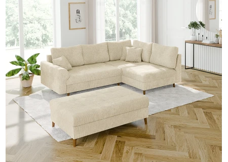 Trygve - Ecksofa mit Schlaffunktion und Hocker mit Braun Holzfüßen im skandinavischen Stil aus Chenille-Stoff