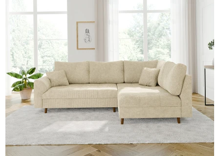 Trygve - Ecksofa mit Schlaffunktion und Hocker mit Braun Holzfüßen im skandinavischen Stil aus Chenille-Stoff