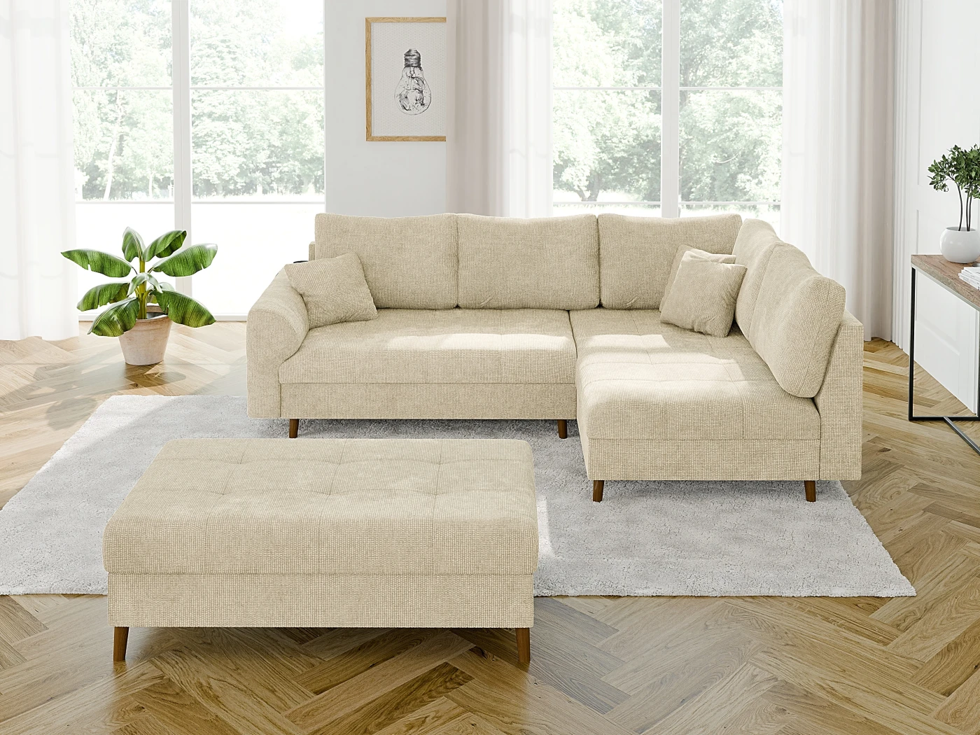 Trygve - Ecksofa mit Schlaffunktion und Hocker mit Braun Holzfüßen im skandinavischen Stil aus Chenille-Stoff