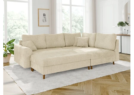 Trygve - Ecksofa mit Schlaffunktion und Hocker mit Braun Holzfüßen im skandinavischen Stil aus Chenille-Stoff