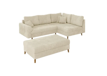 Trygve - Ecksofa mit Schlaffunktion und Hocker mit Braun Holzfüßen im skandinavischen Stil aus Chenille-Stoff