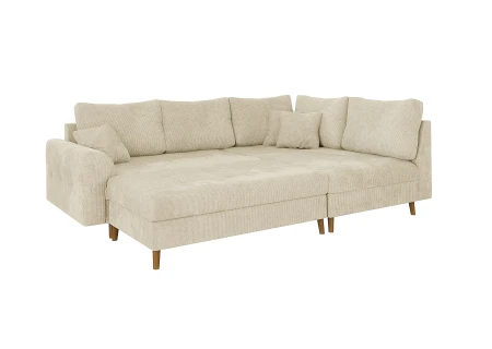 Trygve - Ecksofa mit Schlaffunktion und Hocker mit Braun Holzfüßen im skandinavischen Stil aus Chenille-Stoff