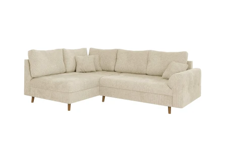 Trygve - Ecksofa mit Schlaffunktion und Hocker mit Braun Holzfüßen im skandinavischen Stil aus Chenille-Stoff