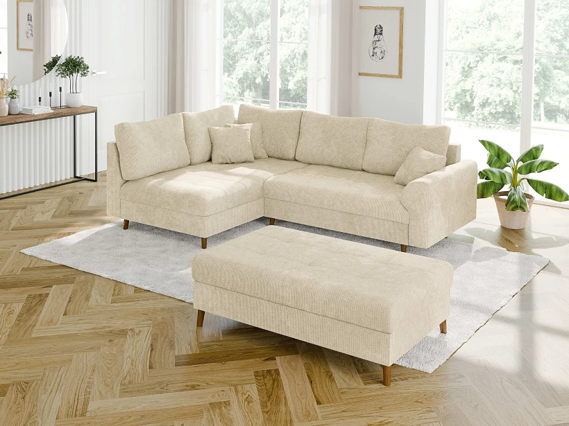 Trygve - Ecksofa mit Schlaffunktion und Hocker mit Braun Holzfüßen im skandinavischen Stil aus Chenille-Stoff