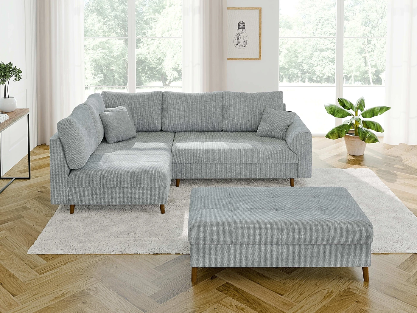Trygve - Ecksofa mit Schlaffunktion und Hocker mit Braun Holzfüßen im skandinavischen Stil aus Chenille-Stoff