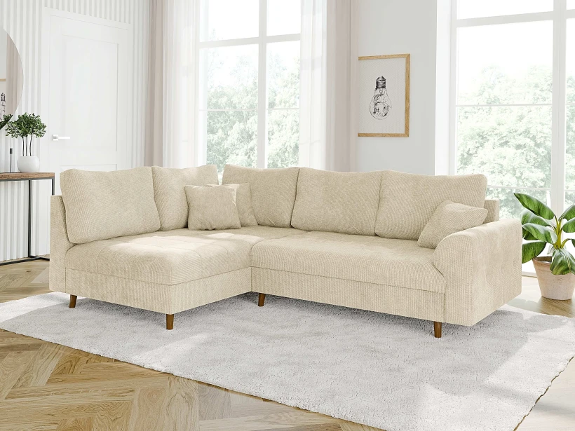 Trygve - Ecksofa mit Braun Holzfüßen im skandinavischen Stil aus Chenille-Stoff