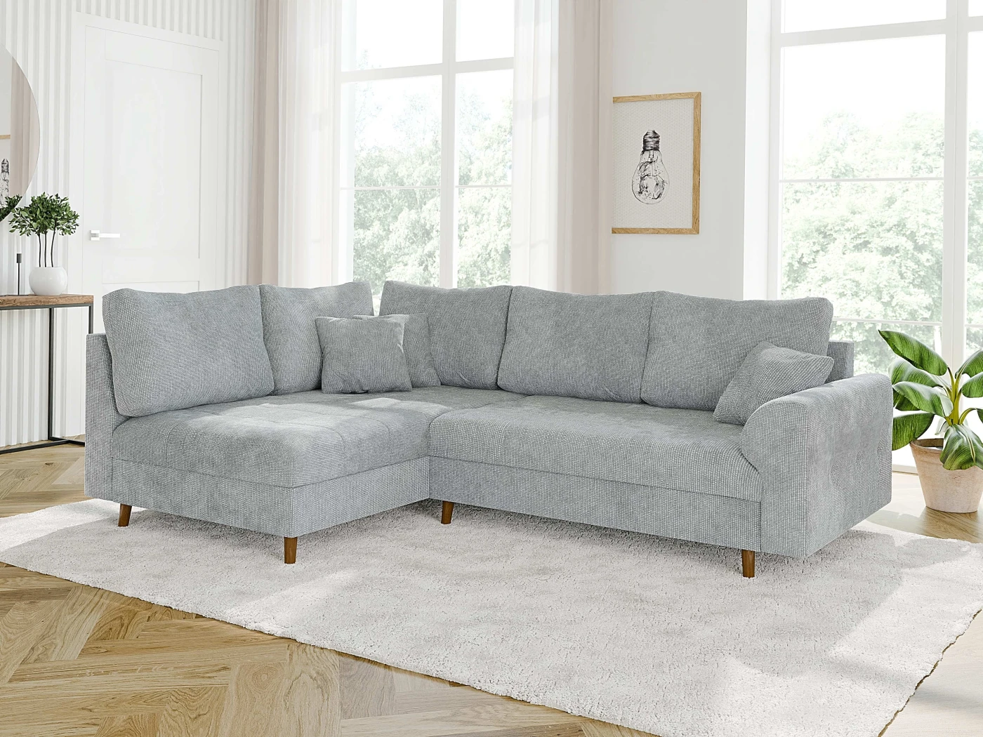 Trygve - Ecksofa mit Braun Holzfüßen im skandinavischen Stil aus Chenille-Stoff