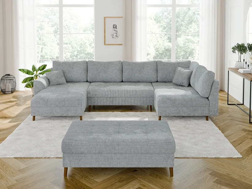 Trygve - Wohnlandschaft mit Schlaffunktion und Hocker mit Braun Holzfüßen im skandinavischen Stil aus Chenille-Stoff