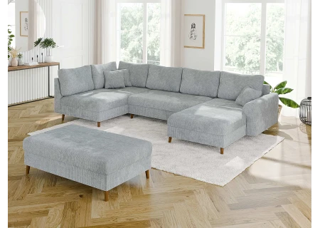 Trygve - Wohnlandschaft mit Schlaffunktion und Hocker mit Braun Holzfüßen im skandinavischen Stil aus Chenille-Stoff