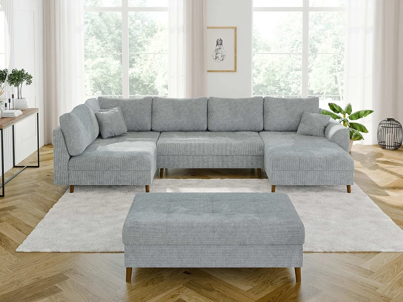 Trygve - Wohnlandschaft mit Schlaffunktion und Hocker mit Braun Holzfüßen im skandinavischen Stil aus Chenille-Stoff