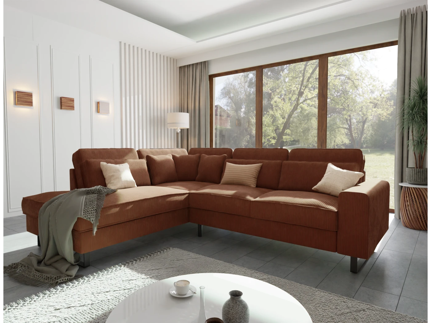 Breeze - Ecksofa mit Ottomane und Schwarz Metall Füßen in Cord-Stoff