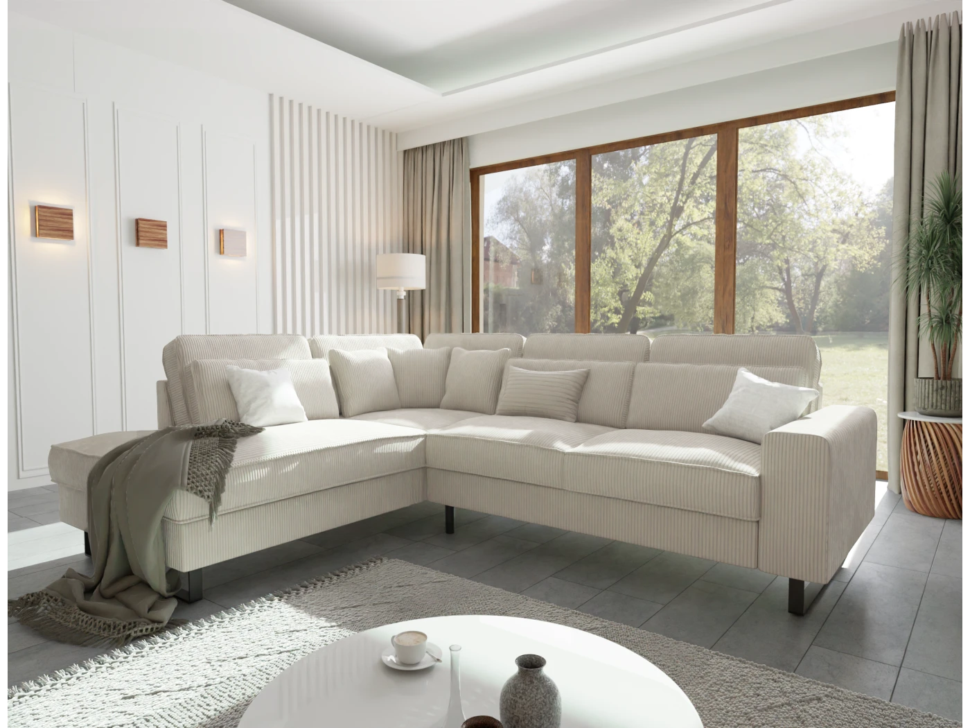 Breeze - Ecksofa mit Ottomane und Schwarz Metall Füßen in Cord-Stoff