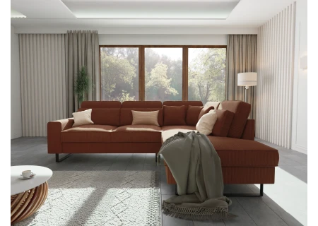 Breeze - Ecksofa mit Ottomane und Schwarz Metall Füßen in Cord-Stoff