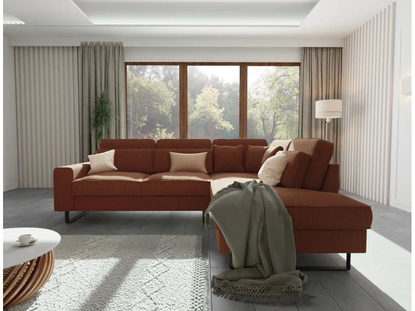 Breeze - Ecksofa mit Ottomane und Schwarz Metall Füßen in Cord-Stoff