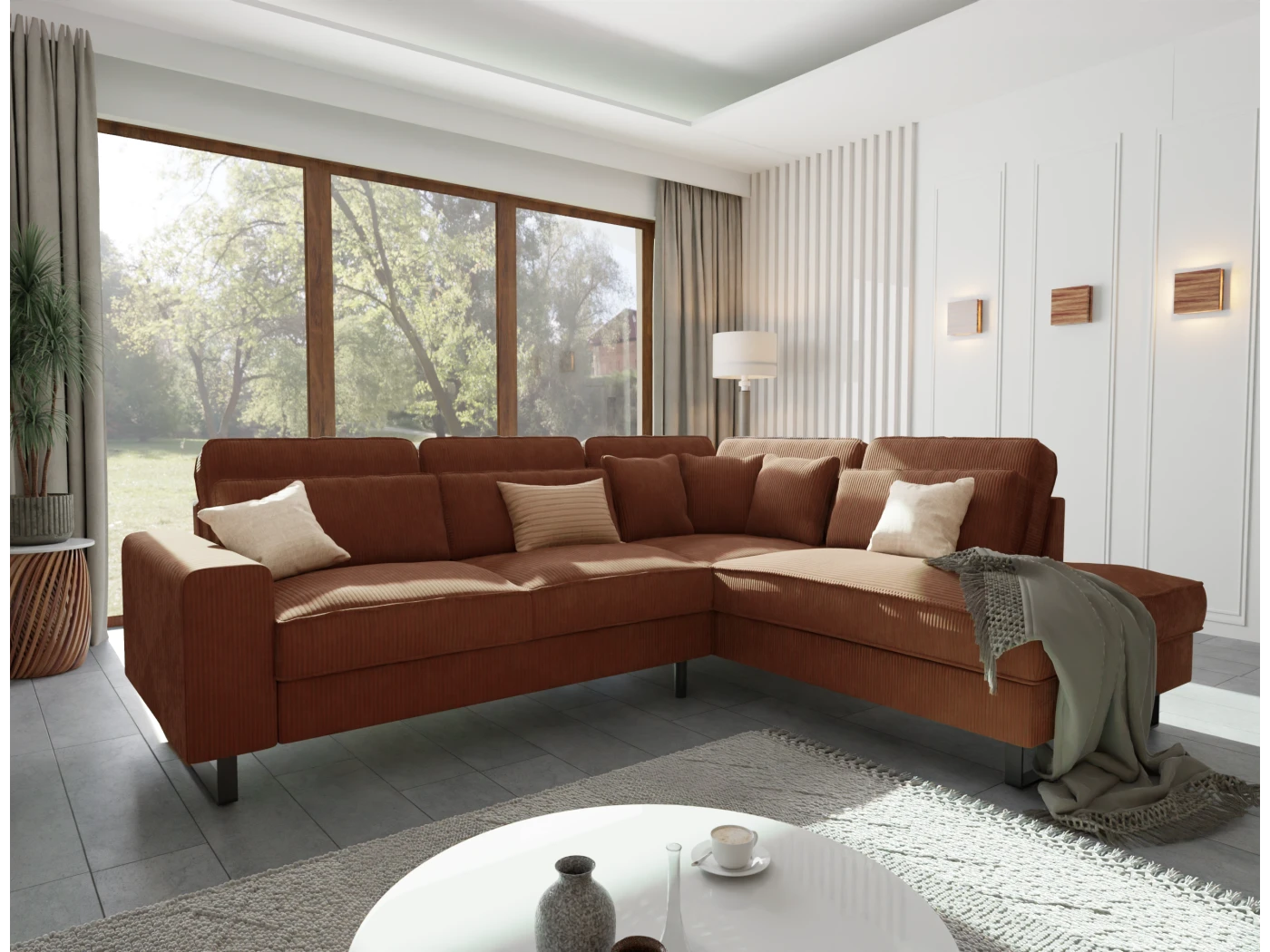 Breeze - Ecksofa mit Ottomane und Schwarz Metall Füßen in Cord-Stoff