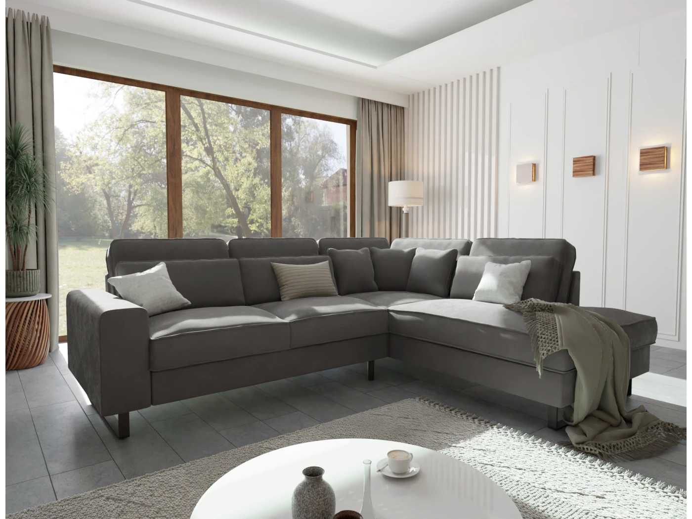 Nova - Ecksofa mit Ottomane und Schwarz Metall Füßen in Samt-Stoff