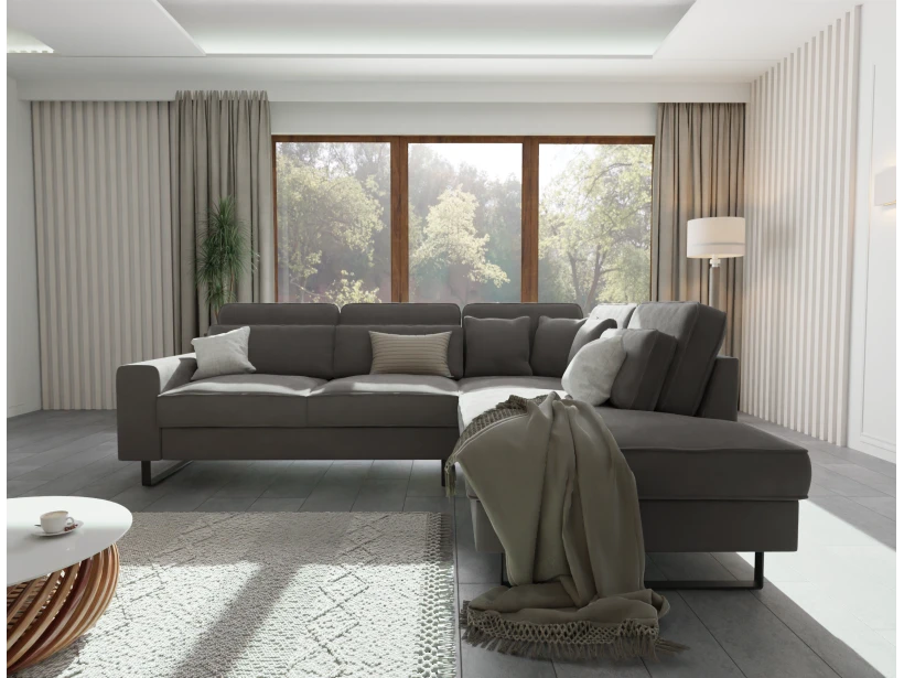 Nova - Ecksofa mit Ottomane und Schwarz Metall Füßen in Samt-Stoff