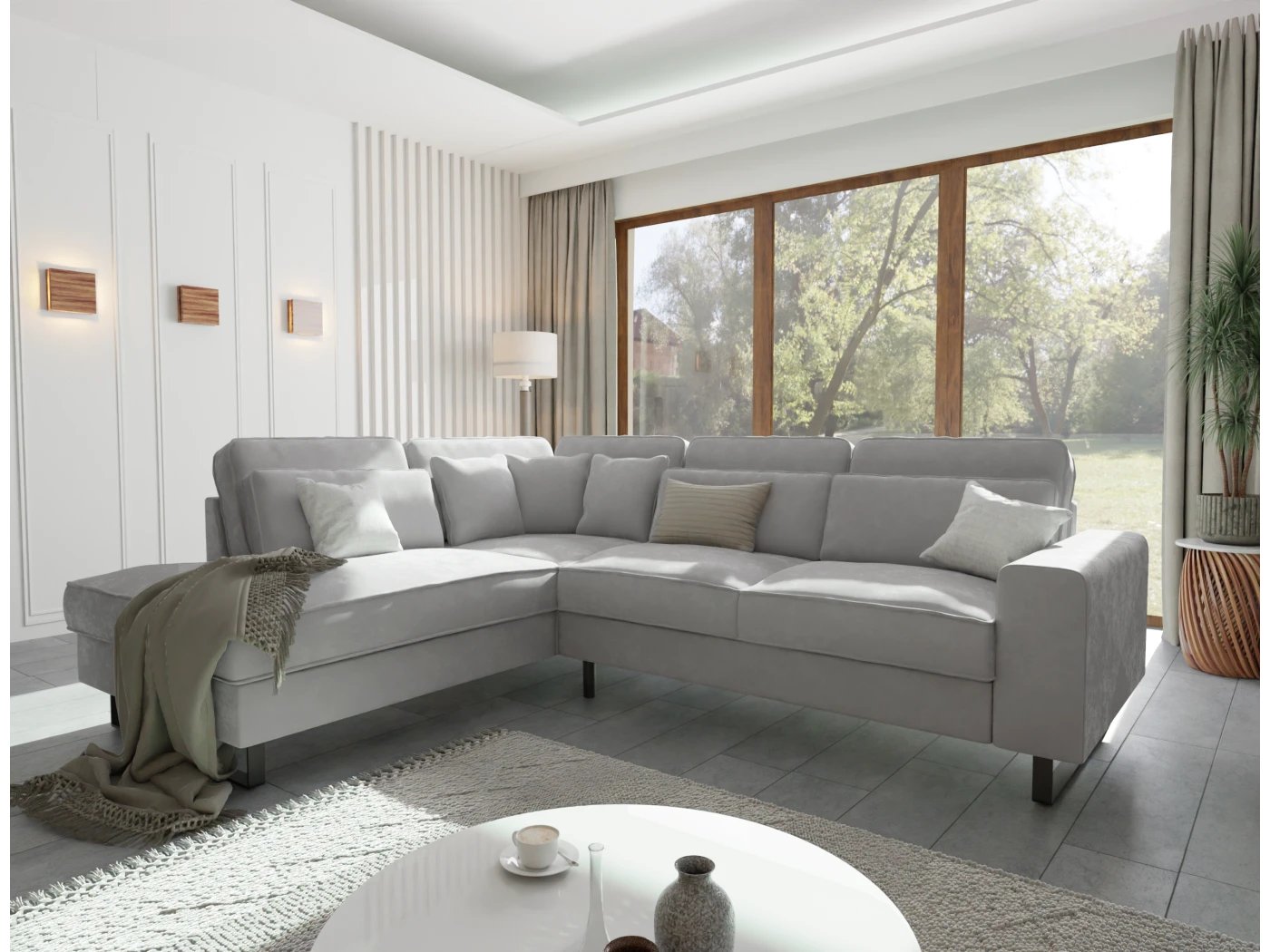 Nova - Ecksofa mit Ottomane und Schwarz Metall Füßen in Samt-Stoff